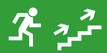 Znak kierunek do wyjścia ewakuacyjnego schodami w prawo w górę